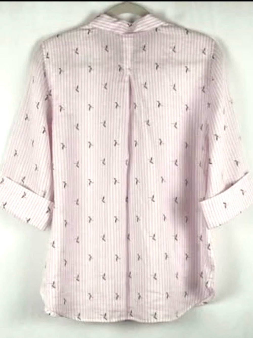 Chico’s No Iron 100% Linen Pink Stripe Birds Button Front Shirt 3/4 Sleeve Sz L - Picture 7 of 8